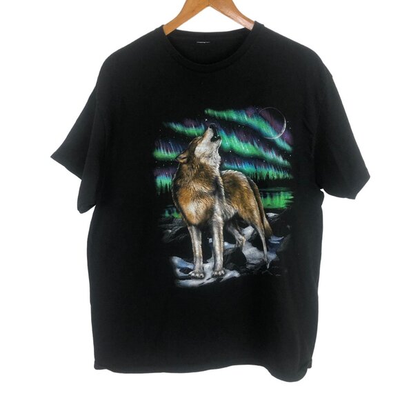 Other - Vtg Timber Wolf Northern Lights Graphic T-Shirt Sz XL? Glows! UV Black Light